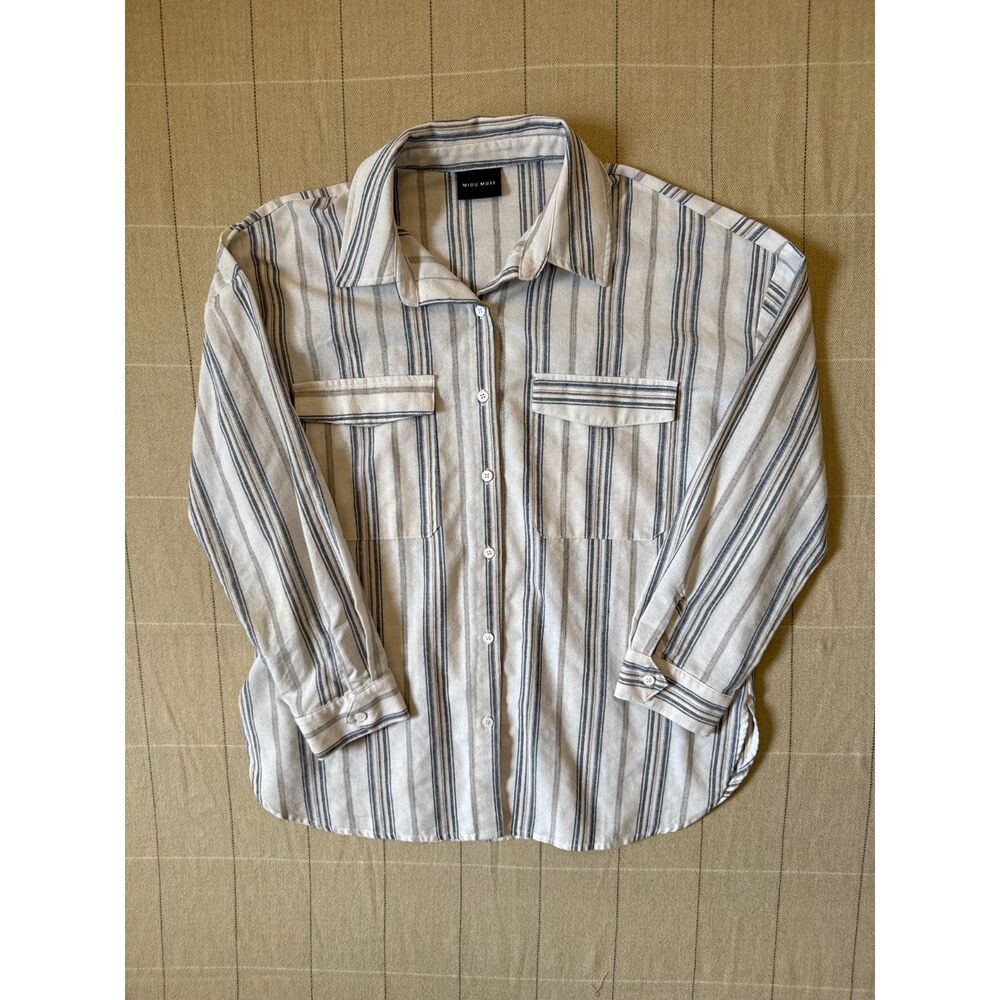 Miou Muse Blue White Striped Button Up Shirt Men's Small Oversized Cotton